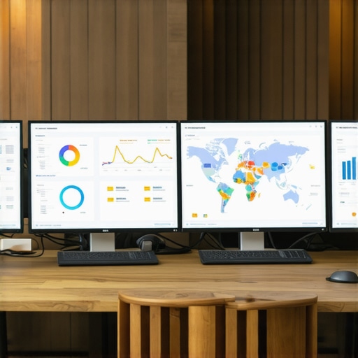 Modern workspace with screens showing local SEO graphs and maps