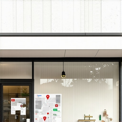 Advanced Local SEO Strategies for 2025 A storefront with digital annotations representing Google My Business and local search optimization