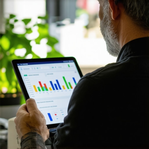 Analyzing Local SEO Data with AI Tools Business owner reviewing local SEO analytics on digital tablet with charts and graphs