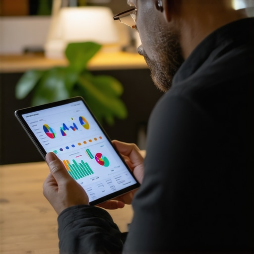 Business owner analyzing local SEO data on a tablet with charts and graphs