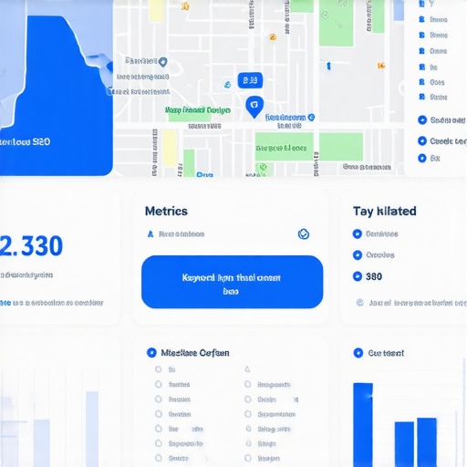 Futuristic dashboard with maps and keyword analytics for local search optimization.