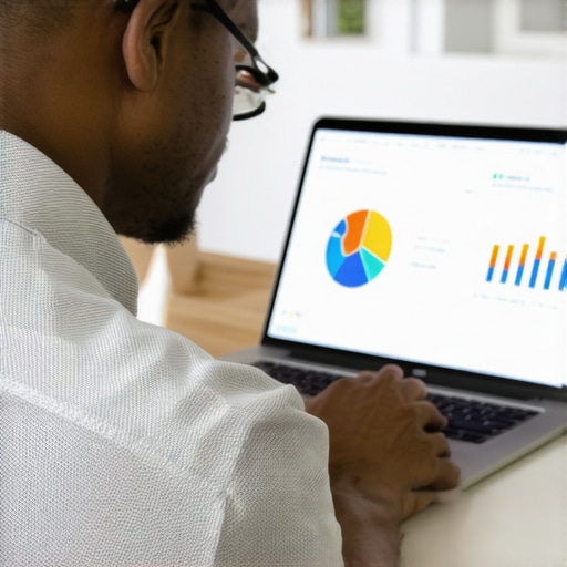 Business owner analyzing local SEO data on a laptop with charts and graphs.