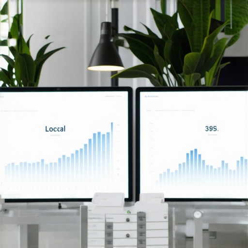 Business team analyzing local SEO software on digital screens