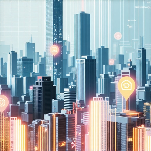 Futuristic cityscape with digital maps and AI icons