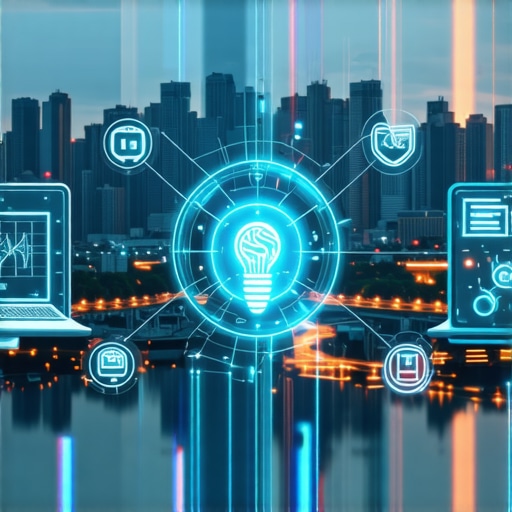 Future of Local SEO and AI Integration Futuristic cityscape illustrating innovation in local SEO with AI and digital technology symbols