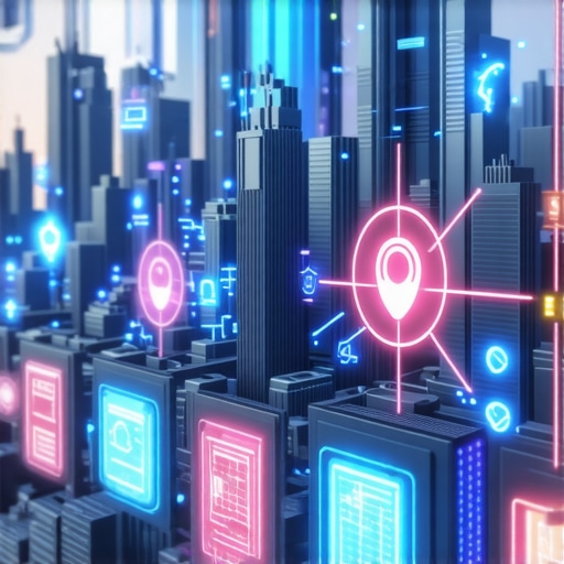 Futuristic cityscape with digital search icons and AI elements