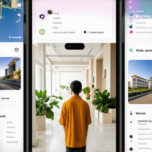 Futuristic local business marketing scene with AR, AI analytics, and virtual tours