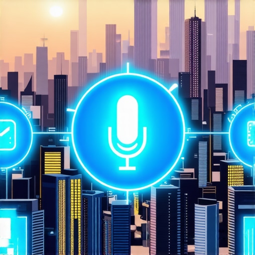 A cityscape featuring digital icons representing voice search and AI technology