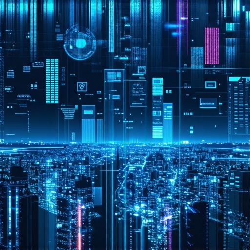 Futuristic city with digital maps and AI analytics overlay