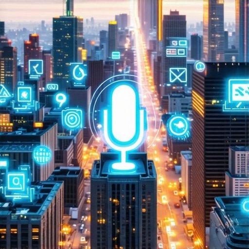 Futuristic cityscape illustrating AI, voice search, and AR technologies shaping local search