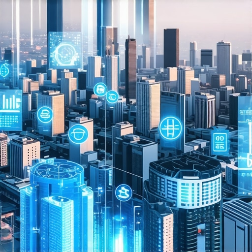 Future of Local Search with AR A digital cityscape with augmented reality overlays of local businesses and data streams