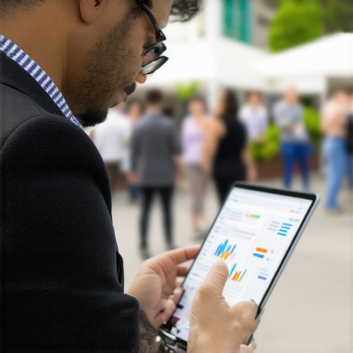 Human Element in Local SEO Businessman using tablet for local SEO analysis in a community setting