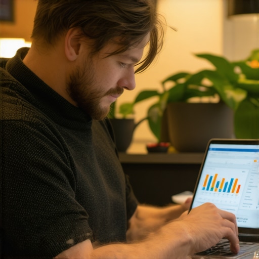 Local Business Owner Analyzing Data Owner viewing analytics charts on a laptop in their shop.