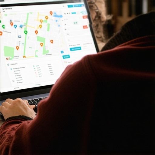 Local business owner analyzing digital maps and analytics on laptop